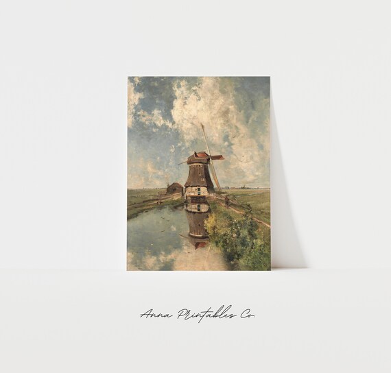 Vintage Windmill Dutch Countryside Landscape Art Print