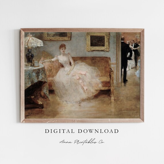 Lady in White Ball Gown Vintage Salon Oil Painting Art Poster