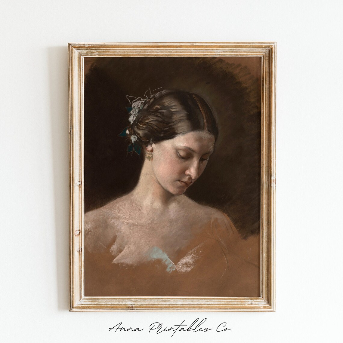 Portrait Of A Brown Haired Woman Antique Moody Portrait Painting For Fine Art Prints Dark Academia Wall Art - Image 2