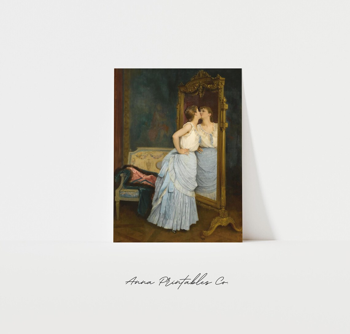 The Mirror Vintage Painting of a Woman Kissing Her Reflection Poster