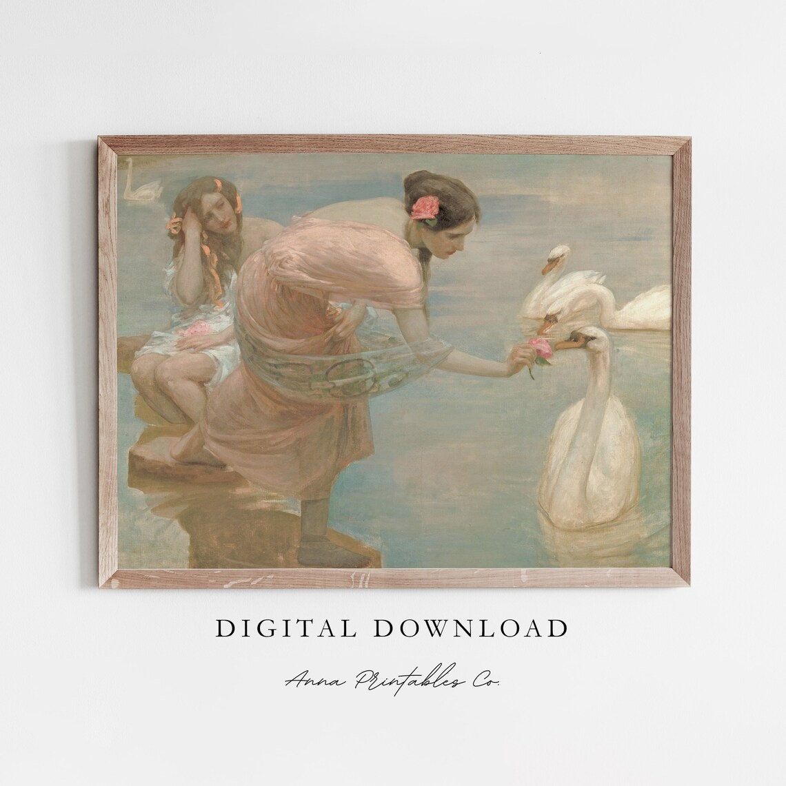 Woman Offering Rose to Swans Romantic Antique Lake Scene Print