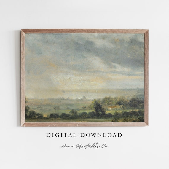 Cloudy Day Over The Countryside Antique Landscape Painting For Cottagecore Decor Wall Art Meadow Artwork