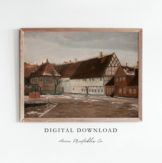 Vintage Winter Village Painting Antique Christmas Wall Art Moody Neutral Tone Fine Art Print Cityscape