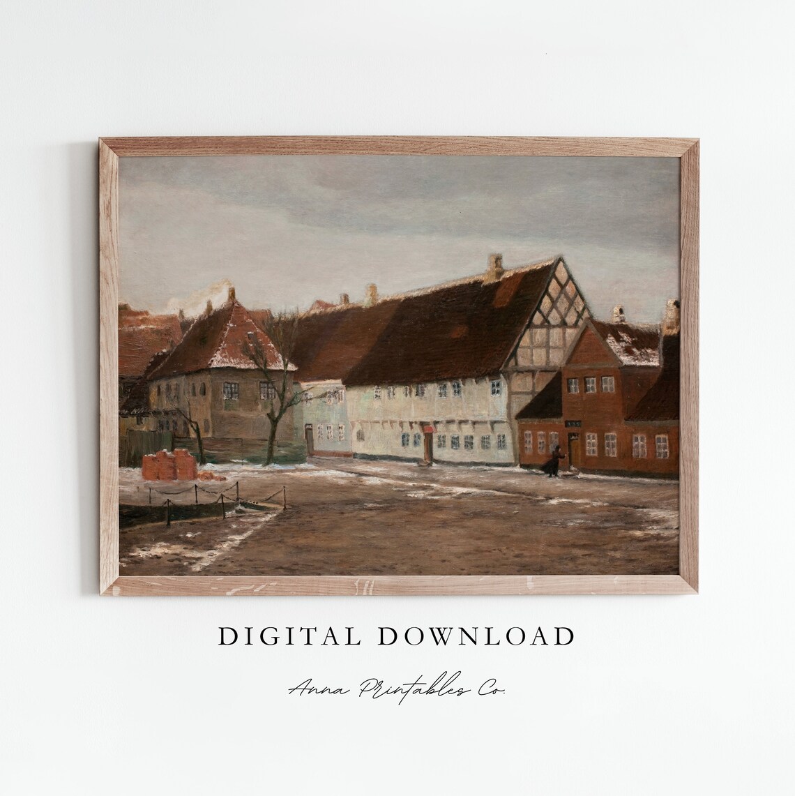 Winter Street in Old Village Snowy Town Vintage Painting Print