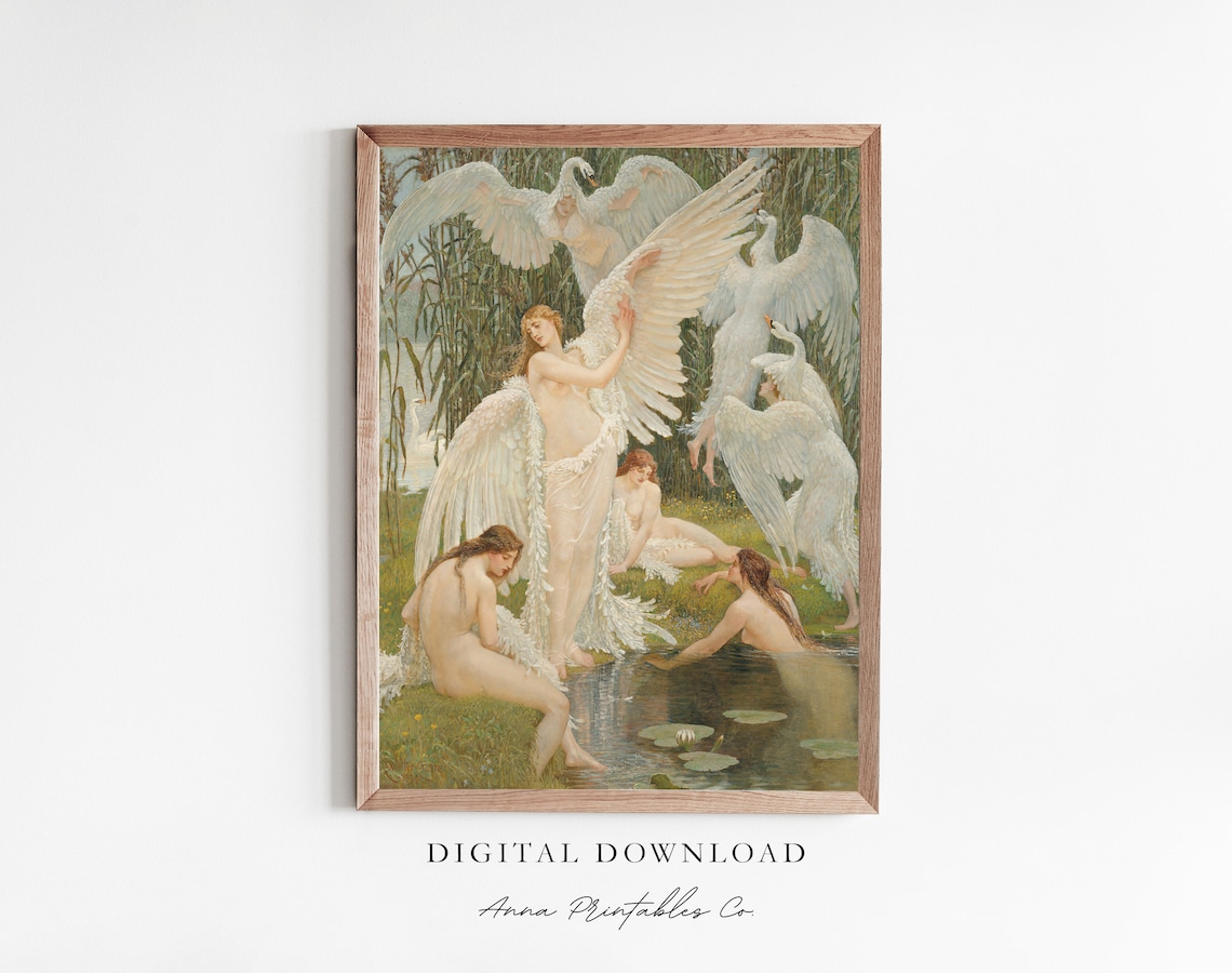 Swan Maidens Antique Mythology Art Print, Classical Style