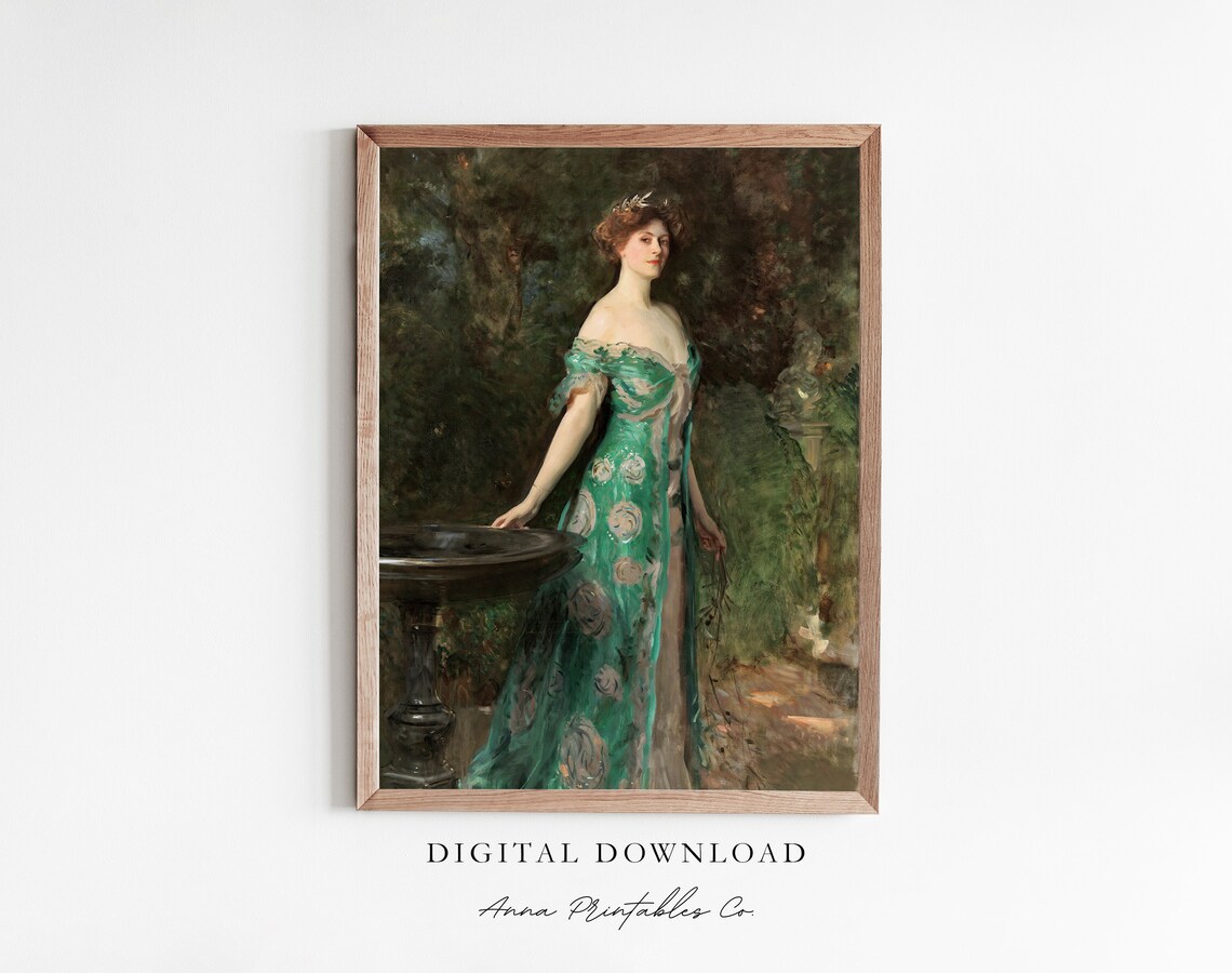 Lady in Emerald Green Gown Garden Portrait Elegant Vintage Painting Print