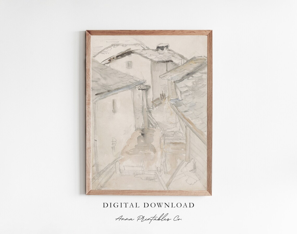 Old European Village Street Pencil and Watercolor Sketch Print