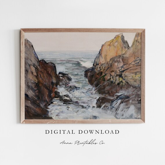 Waves Crashing Against The Cliffs Antique Seascape Painting For Vintage Watercolor Wall Art Fine Art Print