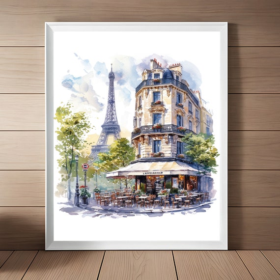Paris Watercolor Art Print, Parisian Cafe Scene