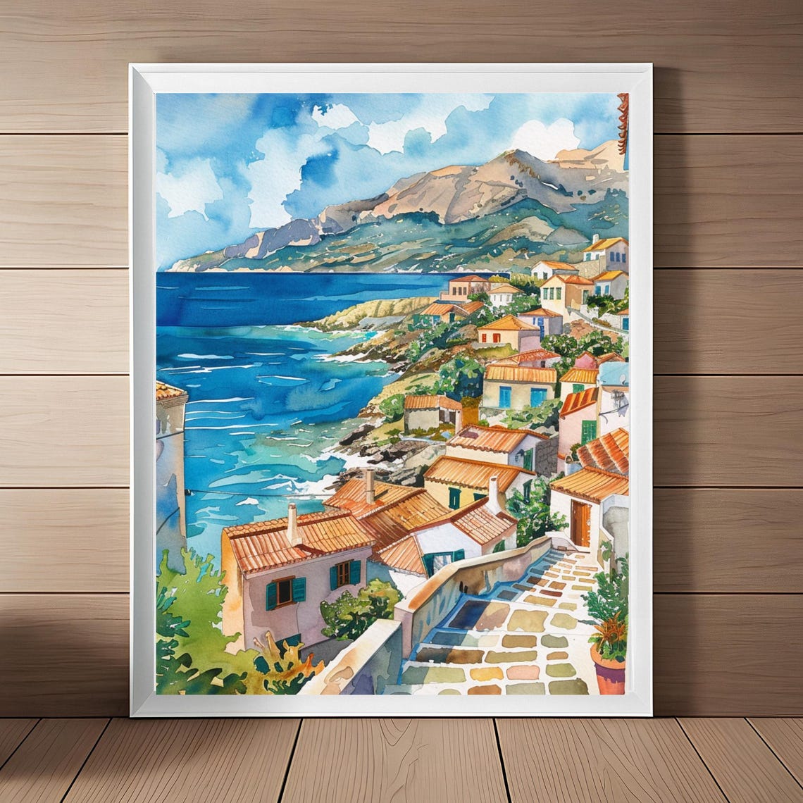 Crete Greece Coastal Village With Mountain View Watercolor Poster