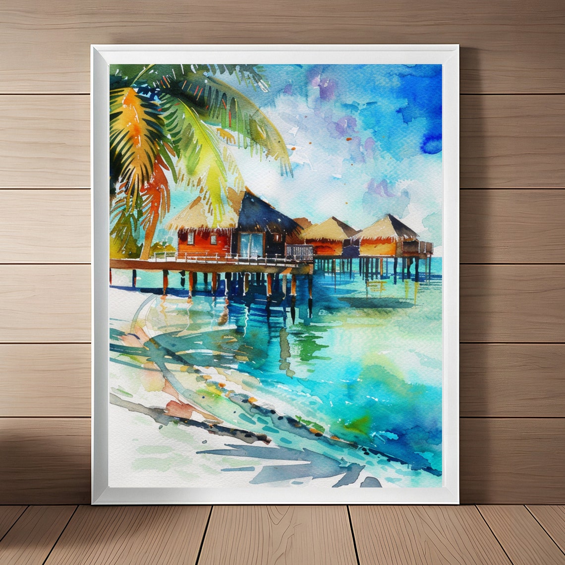 Maldives Overwater Bungalows Watercolor Tropical Island Poster