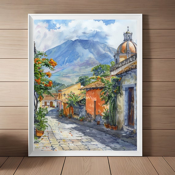 Guatemala Antigua Watercolor Streetscape Art Print