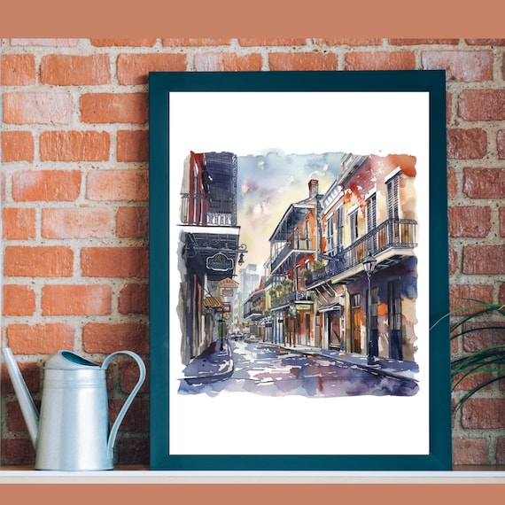 New Orleans French Quarter Street Balconies Rainy Watercolor Wall Art
