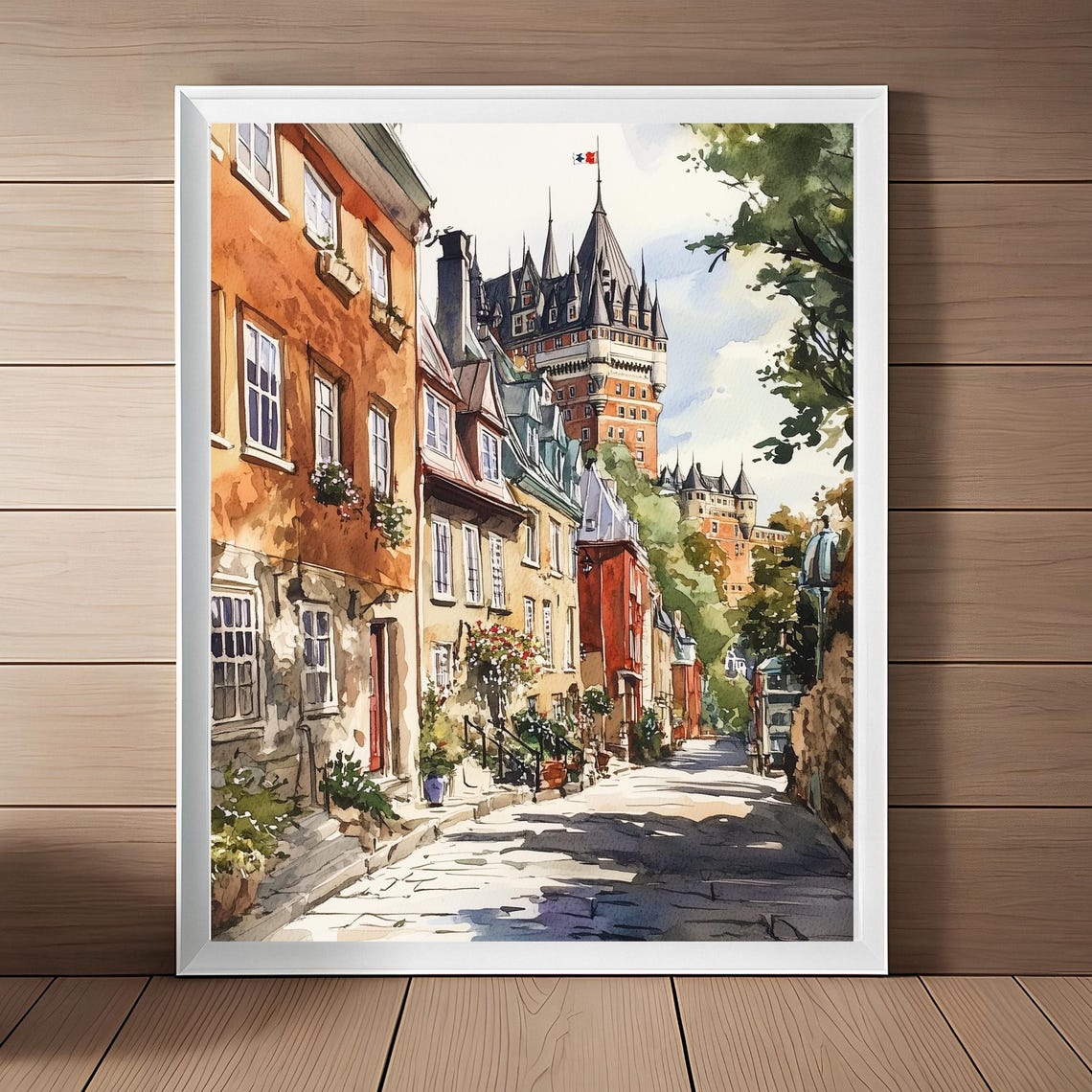 Quebec City Cobblestone Street Chateau Watercolor Canada Art Poster