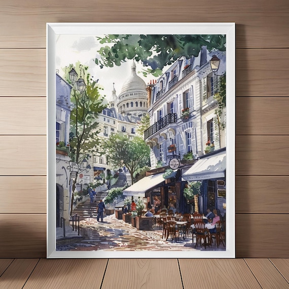 Montmartre Paris Watercolor Sacre Coeur Street Cafe Scene Poster