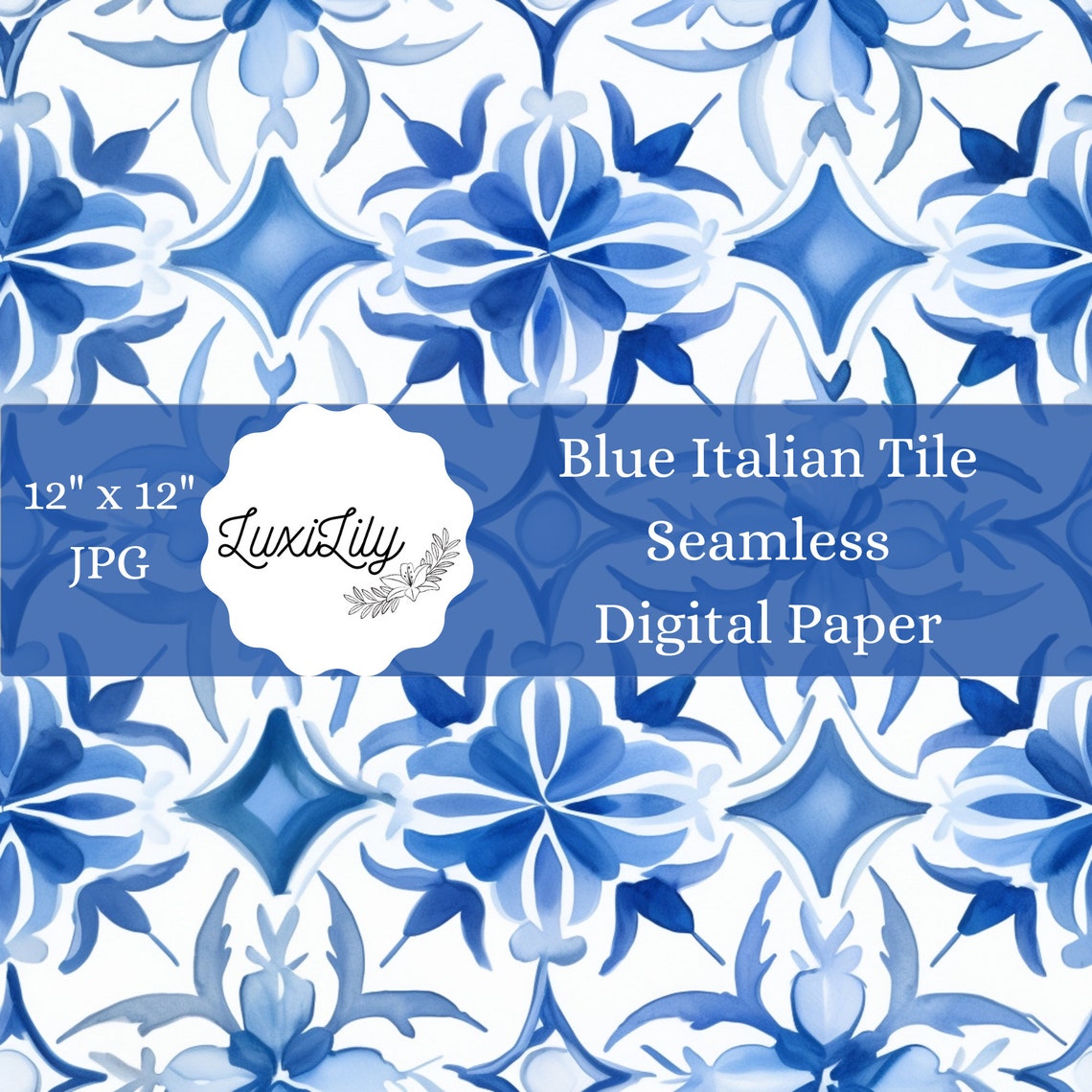 Blue Italian Tile Seamless Mediterranean Pattern Watercolor Wall Art