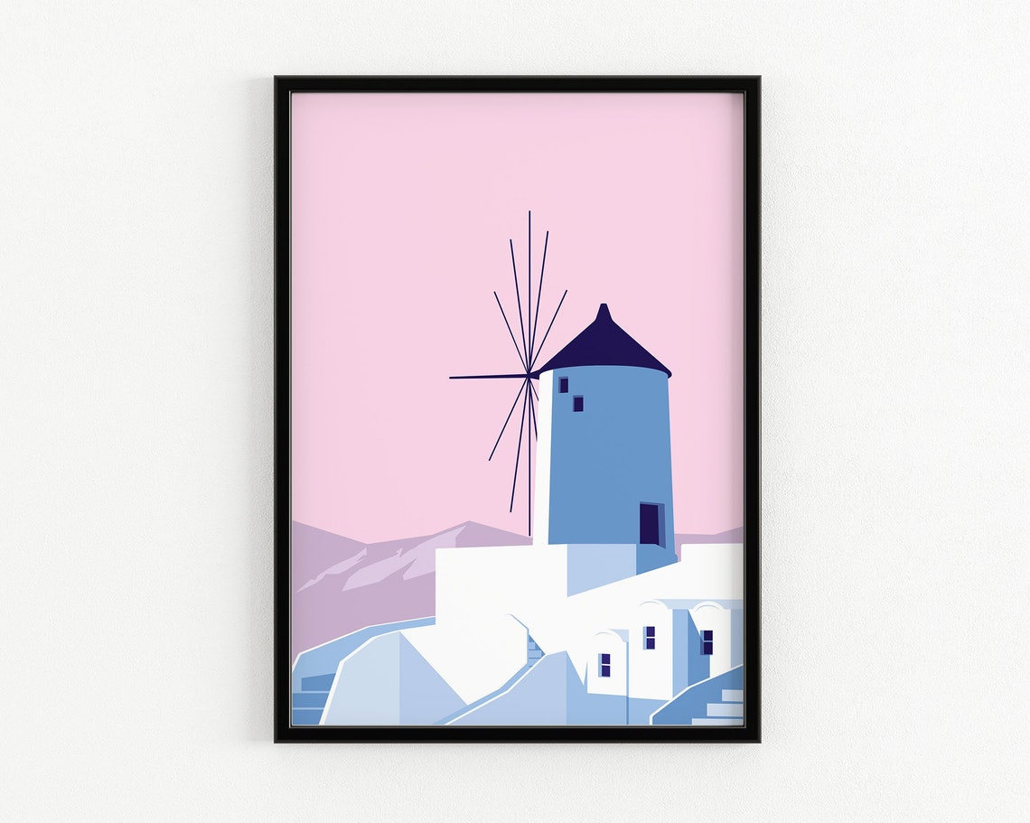Santorini Windmill Pink Sky Greek Island Travel Art Coastal Poster