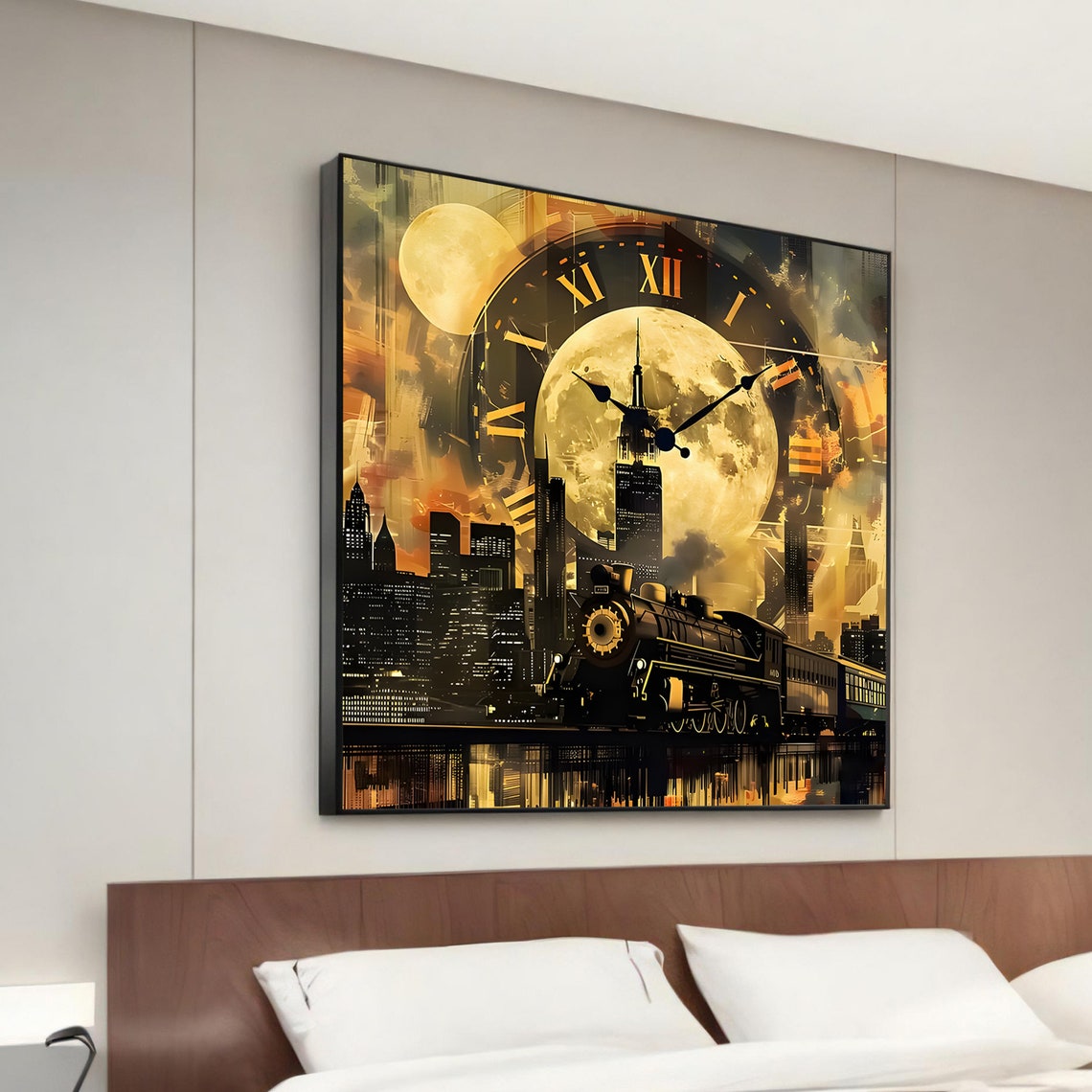 Vintage Steam Train Night City Moon Clock Golden Wall Poster