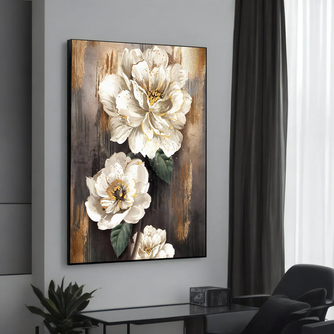White Peony Flowers on Dark Gold Abstract Elegant Painting Art Poster