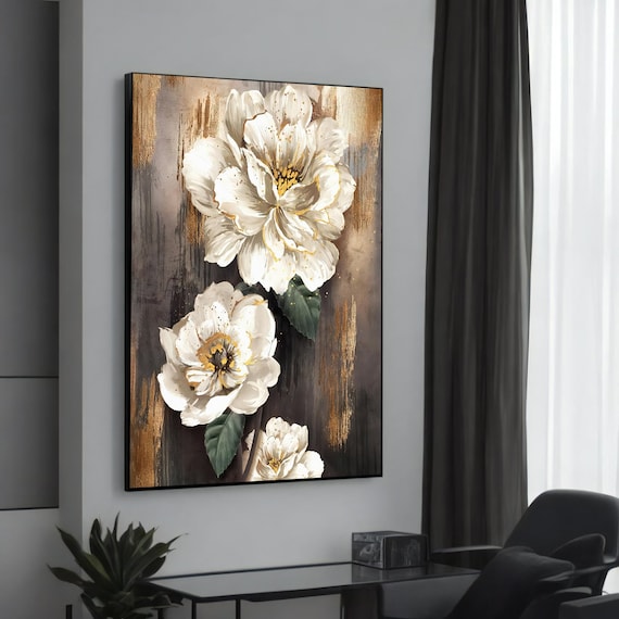 White Peony Flowers on Dark Gold Abstract Elegant Painting Art Poster