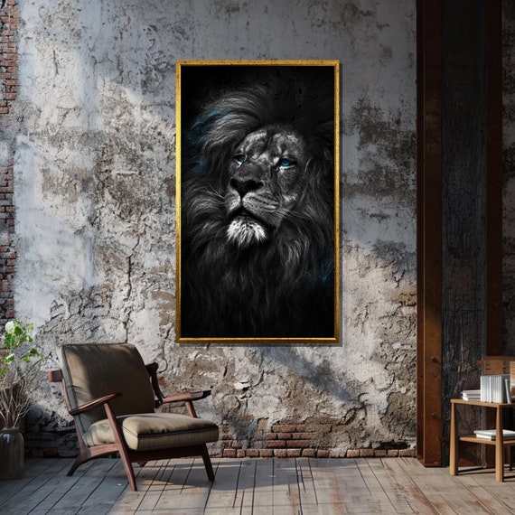 Majestic Lion Canvas Painting Striking Black And White Wall Art With Intense Blue Eyes For Animal Lovers Enthusiasts