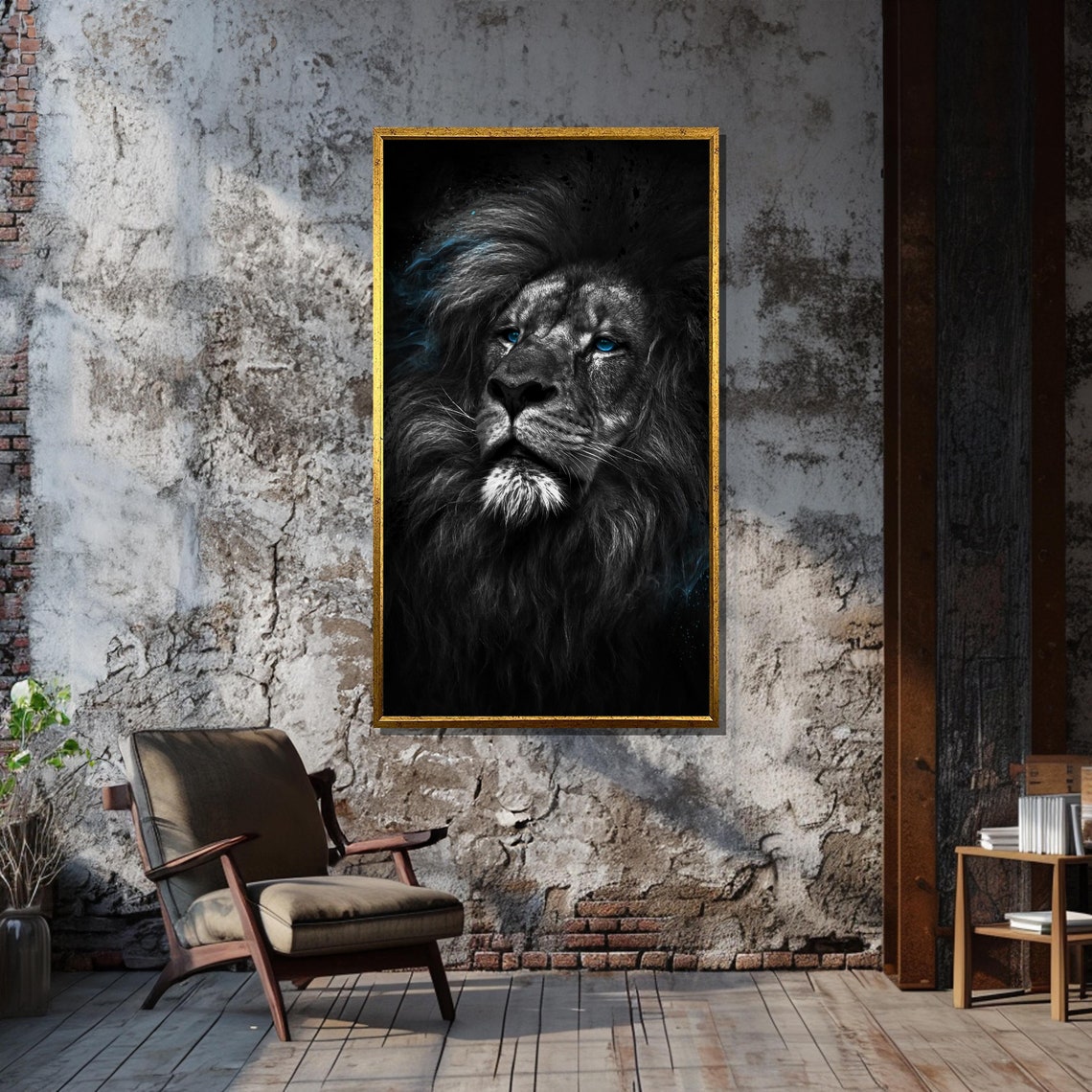 Black and White Lion Portrait Blue Eyes Majestic Animal Wall Poster