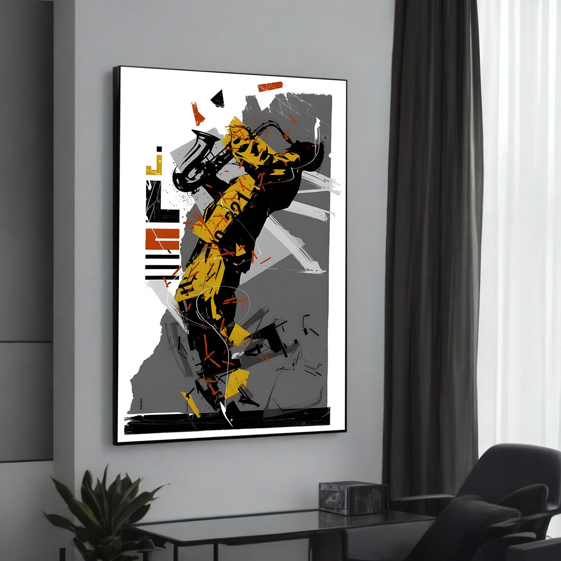 Abstract Jazz Saxophonist Bold Yellow Black Modern Music Art Wall Poster