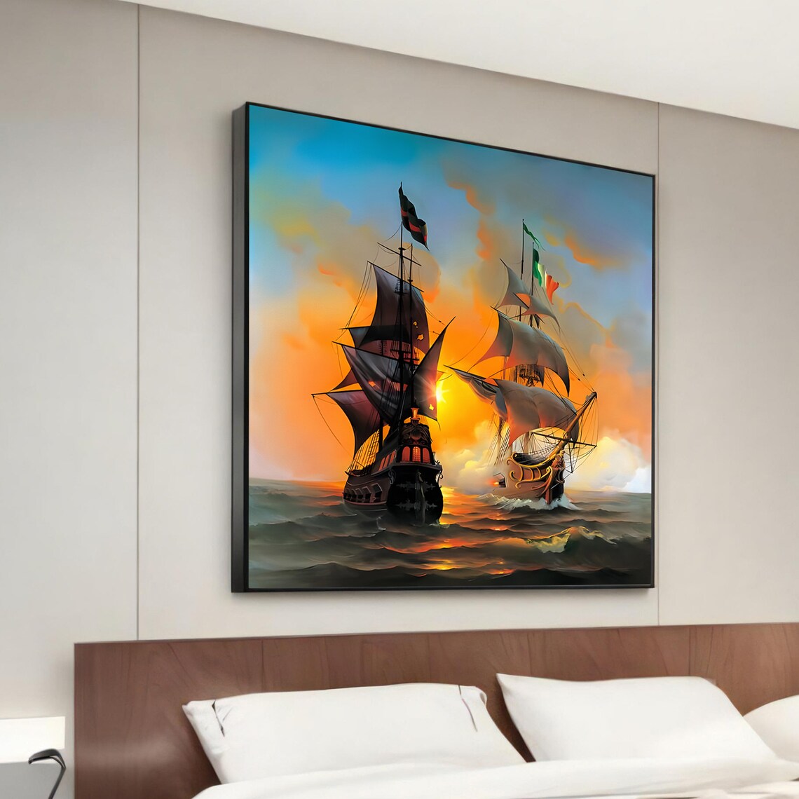 Sunset Ship Battle Seascape, Nautical Home Decor Art Print