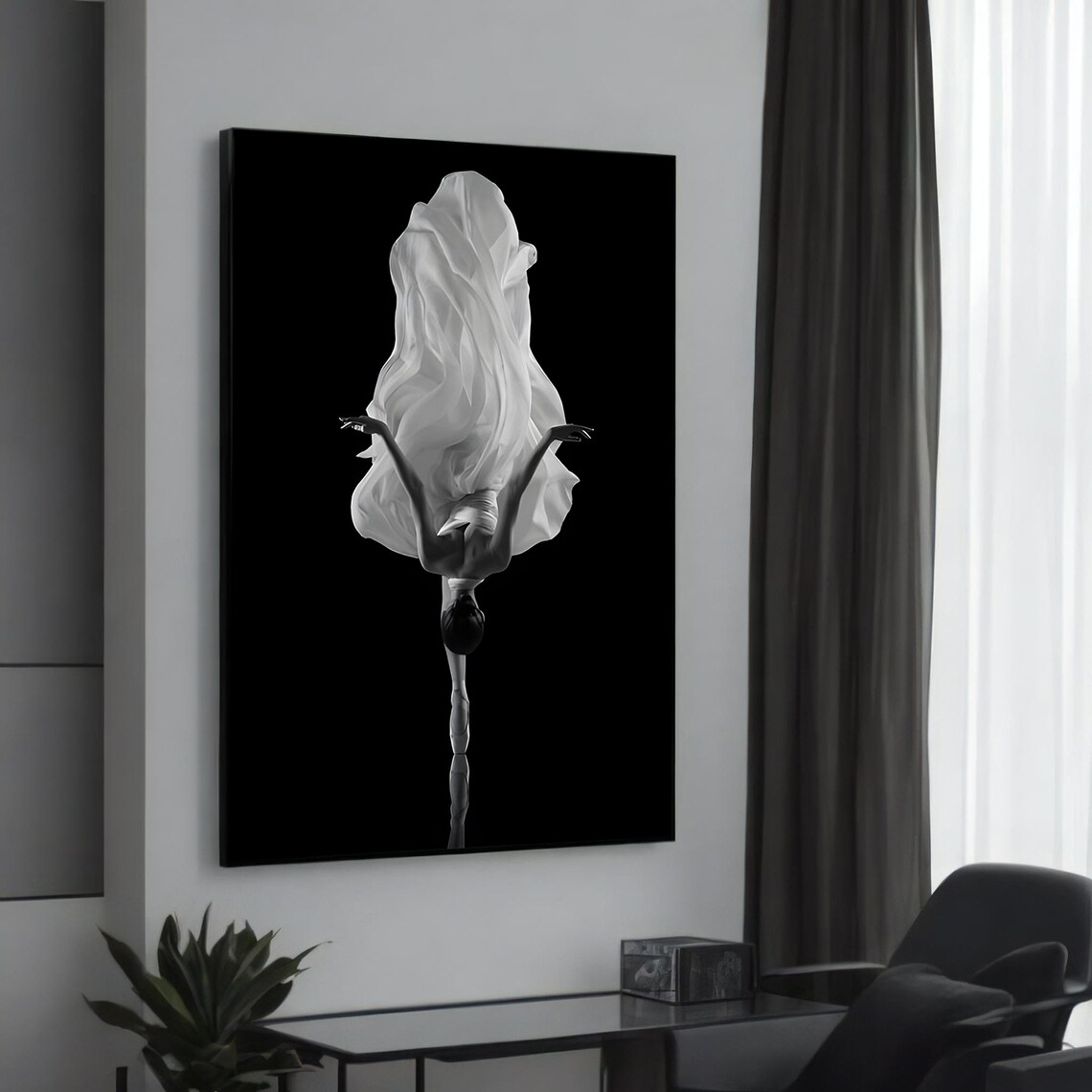 Black and White Ballet Dancer Dramatic Leap Flowing Fabric Art Dance Poster