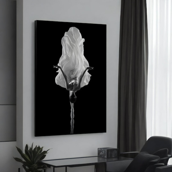 Black and White Ballet Dancer Dramatic Leap Flowing Fabric Art Dance Poster