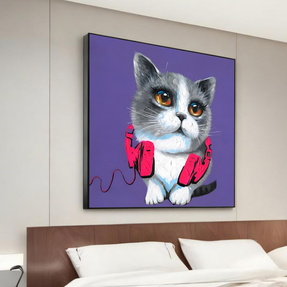 Cute Cat With Headphones, Whimsical Animal Art