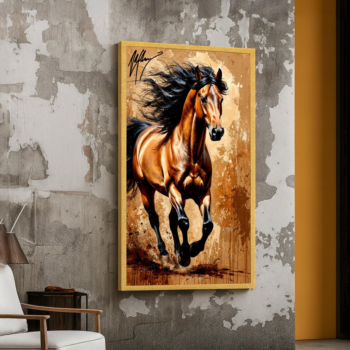 Galloping Bay Horse Golden Oil Painting Style Equestrian Poster