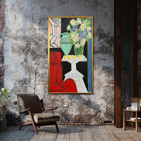 Matisse Inspired Red Interior Floral Still Life Daisies Vase Poster