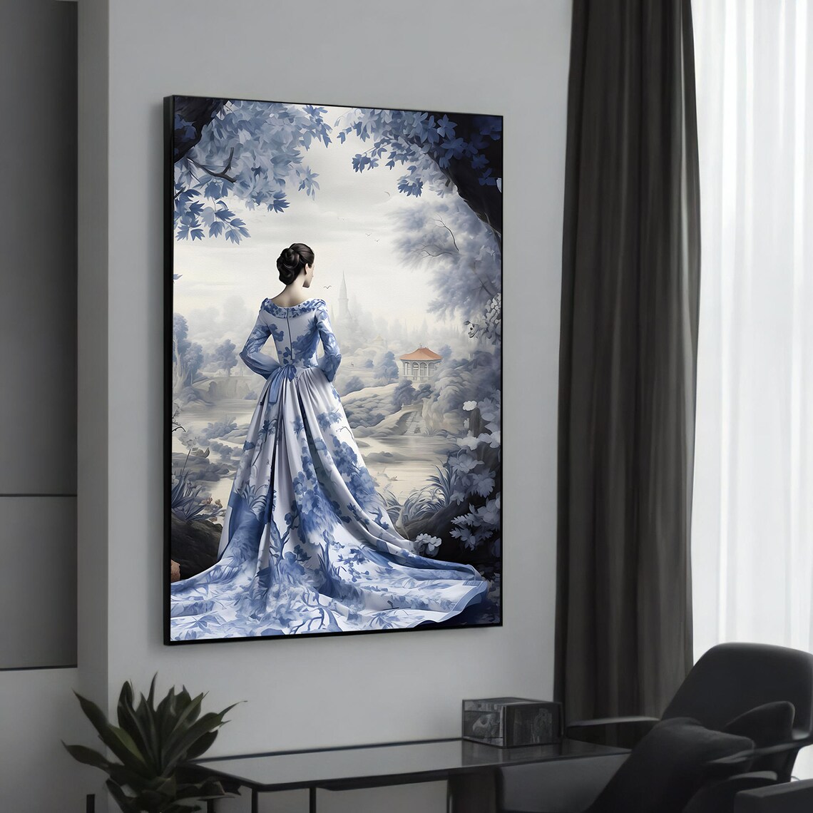 Elegant Woman in Blue Floral Dress Scenic Landscape Wall Art