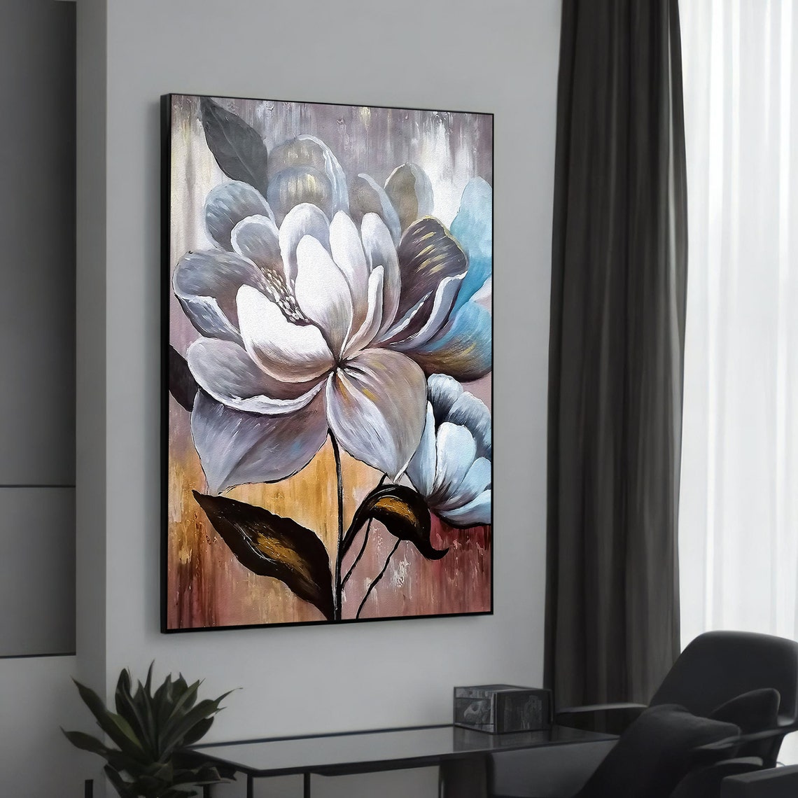 White Magnolia Flowers on Copper Brown Abstract Elegant Art Poster