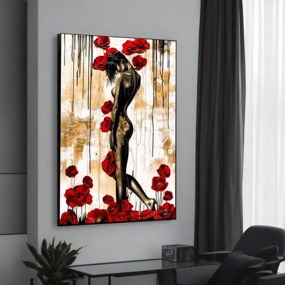 Graceful Modern Canvas Painting Abstract Woman With Red Flowers And Gold Details Stylish Wall Art Gift Contemporary Decor