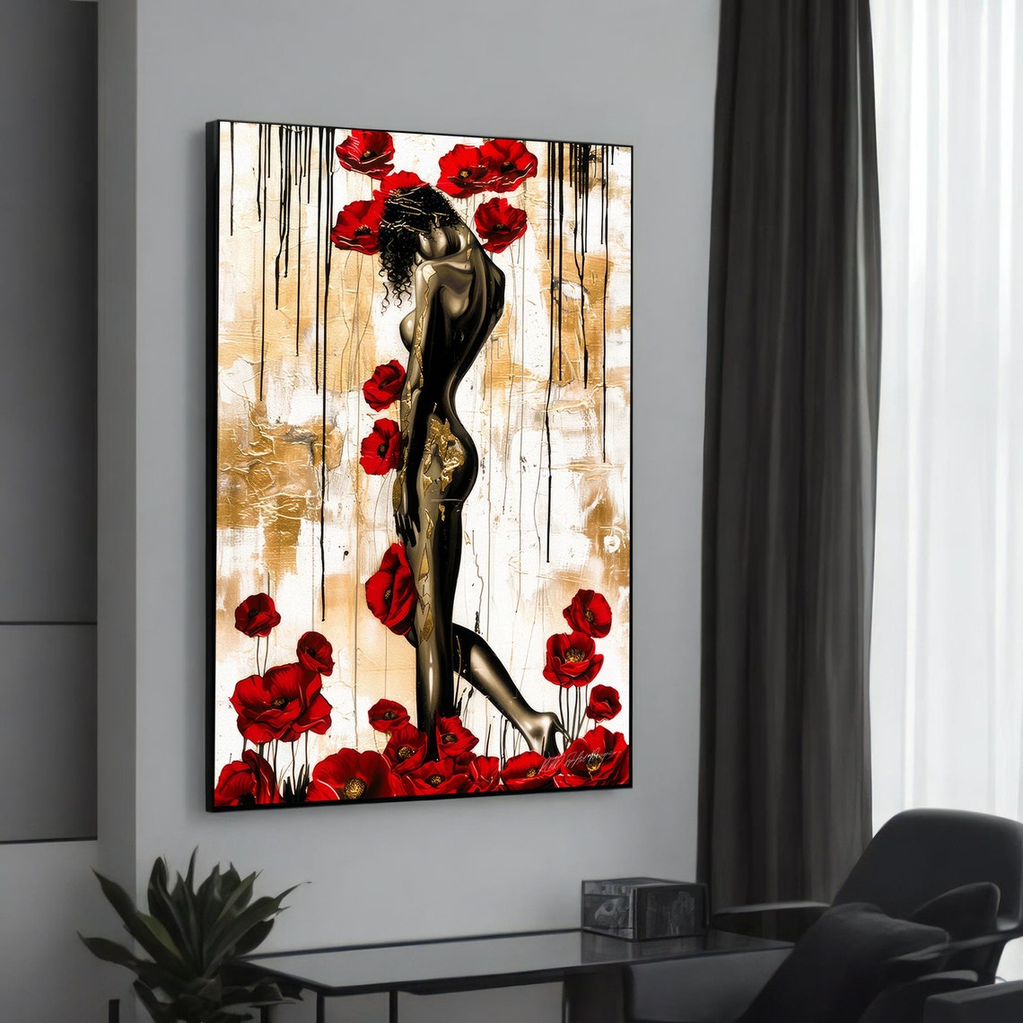 Graceful Black Figure Among Red Poppies Gold Modern Art Poster