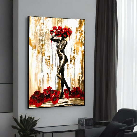 Elegant Abstract Woman Canvas Painting Modern Art With Red Flowers And Gold Accents Stylish Wall Gift Contemporary Decor