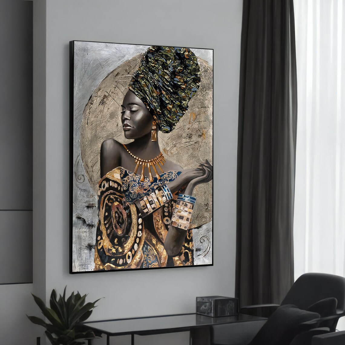 Elegant African Woman Ornate Jewelry Gold Headwrap Moon Art Poster