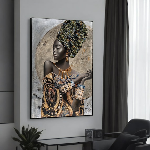 Elegant African Woman Ornate Jewelry Gold Headwrap Moon Art Poster