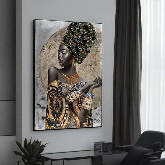 Elegant African Woman With Ornate Jewelry And Headwrap Ethnic Canvas Painting For Cultural Art Enthusiasts