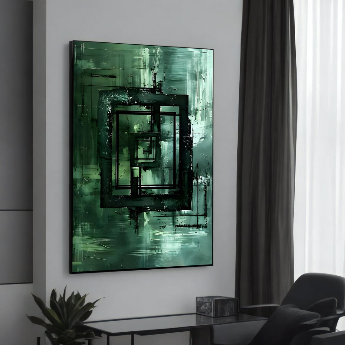 Green Geometric Abstract Concentric Rectangles Modern Art Poster