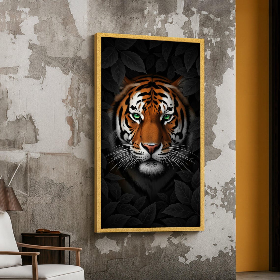 Tiger Portrait Piercing Green Eyes Dark Jungle Leaves Art Poster