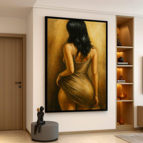 Sensual Woman Back View Canvas Elegant Female Portrait Art Warm Toned Home Decor Contemporary Figurative Painting Ready To Hang Wall