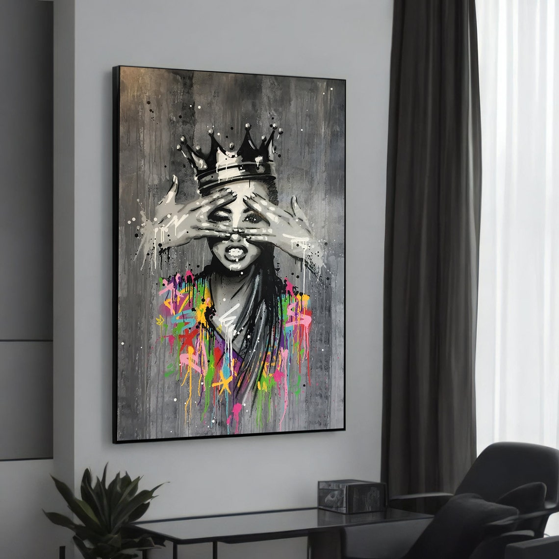 Crowned Woman Covering Eyes Graffiti Drip Black White Street Poster