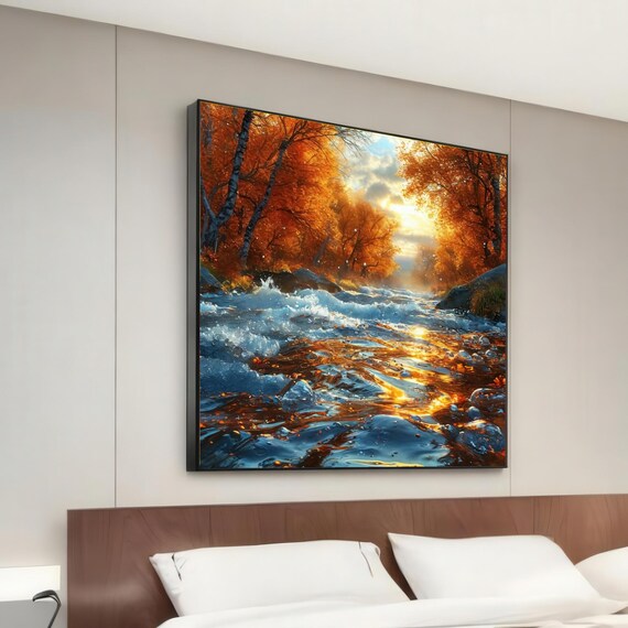 Autumn River Canvas Landscape Wall Art Water And Trees Nature Print Serene Design Ready To Hang Decoration