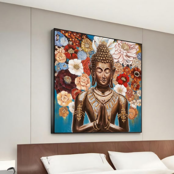 Buddha Amidst Blooming Flowers, Zen Wall Art Print