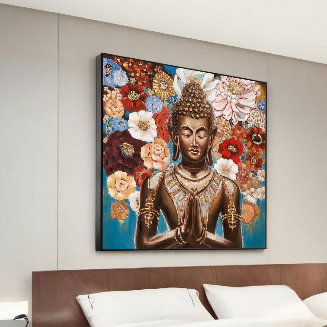 Buddha Amidst Blooming Flowers, Zen Wall Art Print