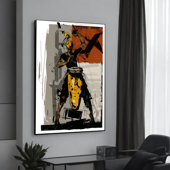 Energetic Drummer Canvas Art Tribal Wall Decor Framed Print Ready To Hang Musicinspired Home