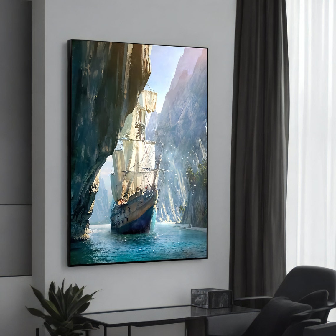Tall Ship Sailing Through Rocky Sea Cove Fantasy Ocean Poster